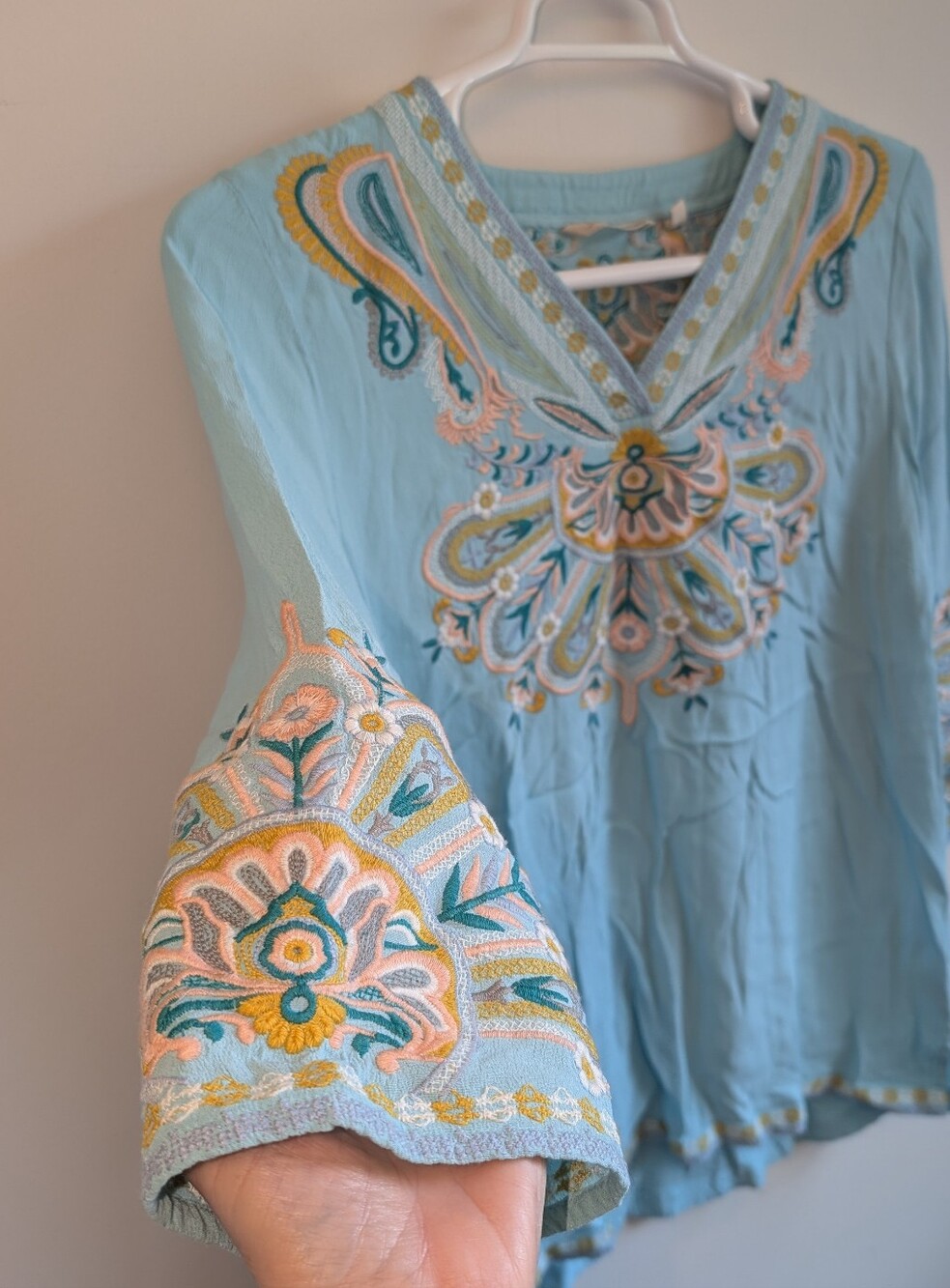 Soft Surroundings Light Blue Embroidered V-Neck Tunic - Picture 5 of 11